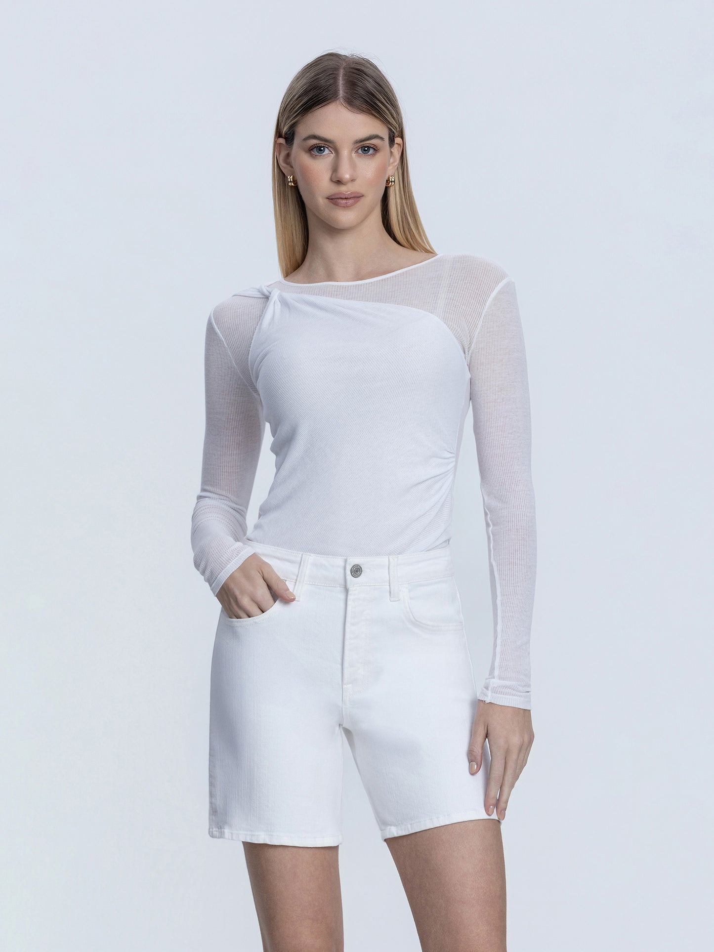High Rise Optic White Midi A Line Shorts