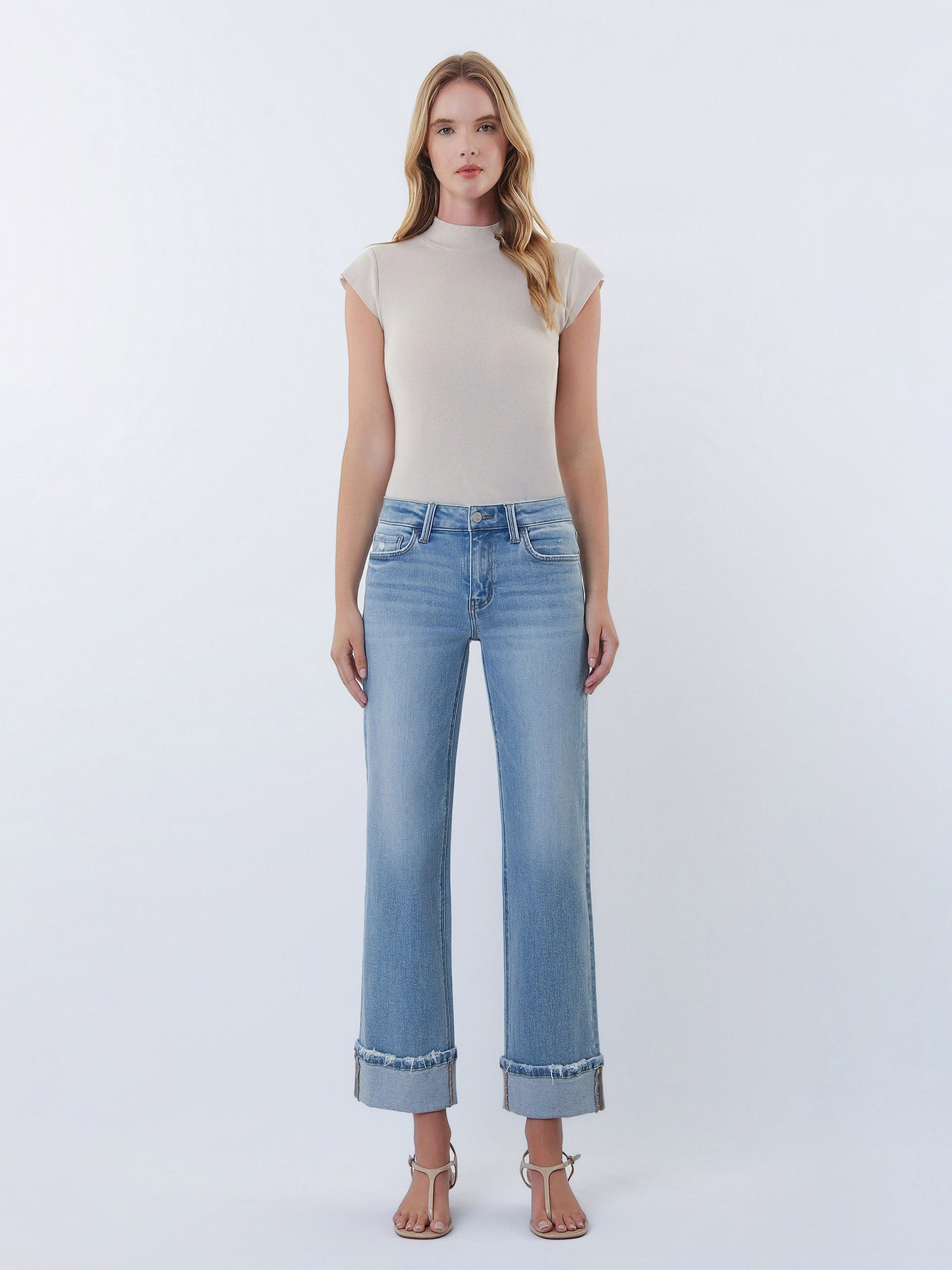 Mid Rise Medium Light Cuffed Slim Wide Jeans