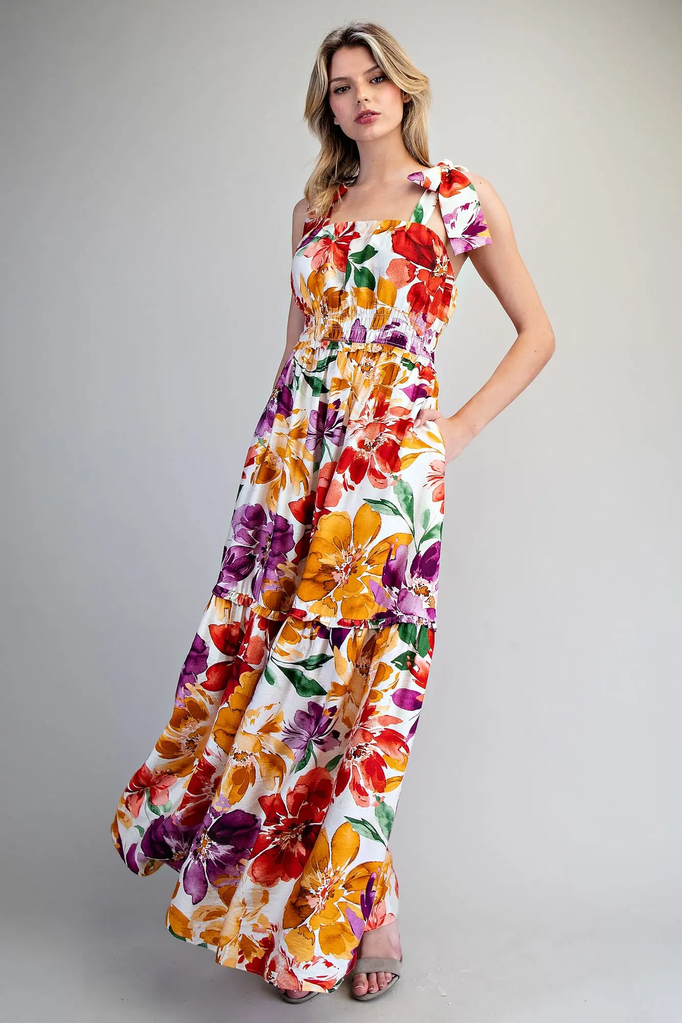 Floral Printed Tie Strap Maxi Dress