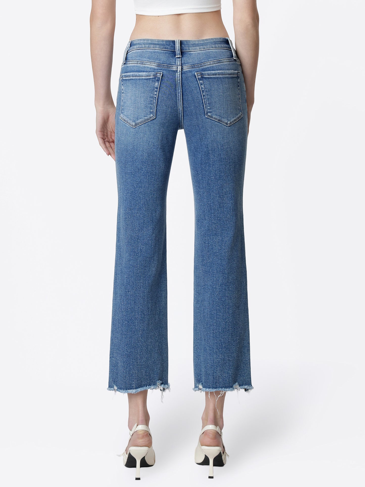 Mid Rise Distressed Hem Crop Straight Jeans