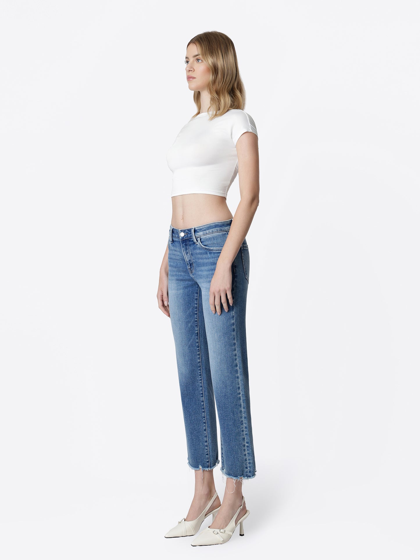 Mid Rise Distressed Hem Crop Straight Jeans