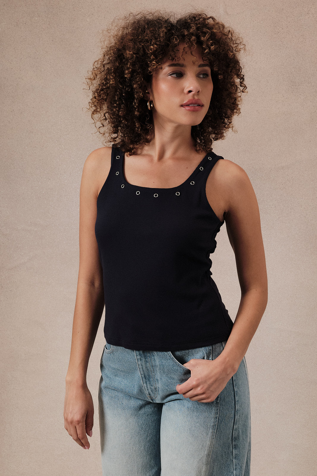 U- Neck Eyelet Detail Ribbed Tank Top