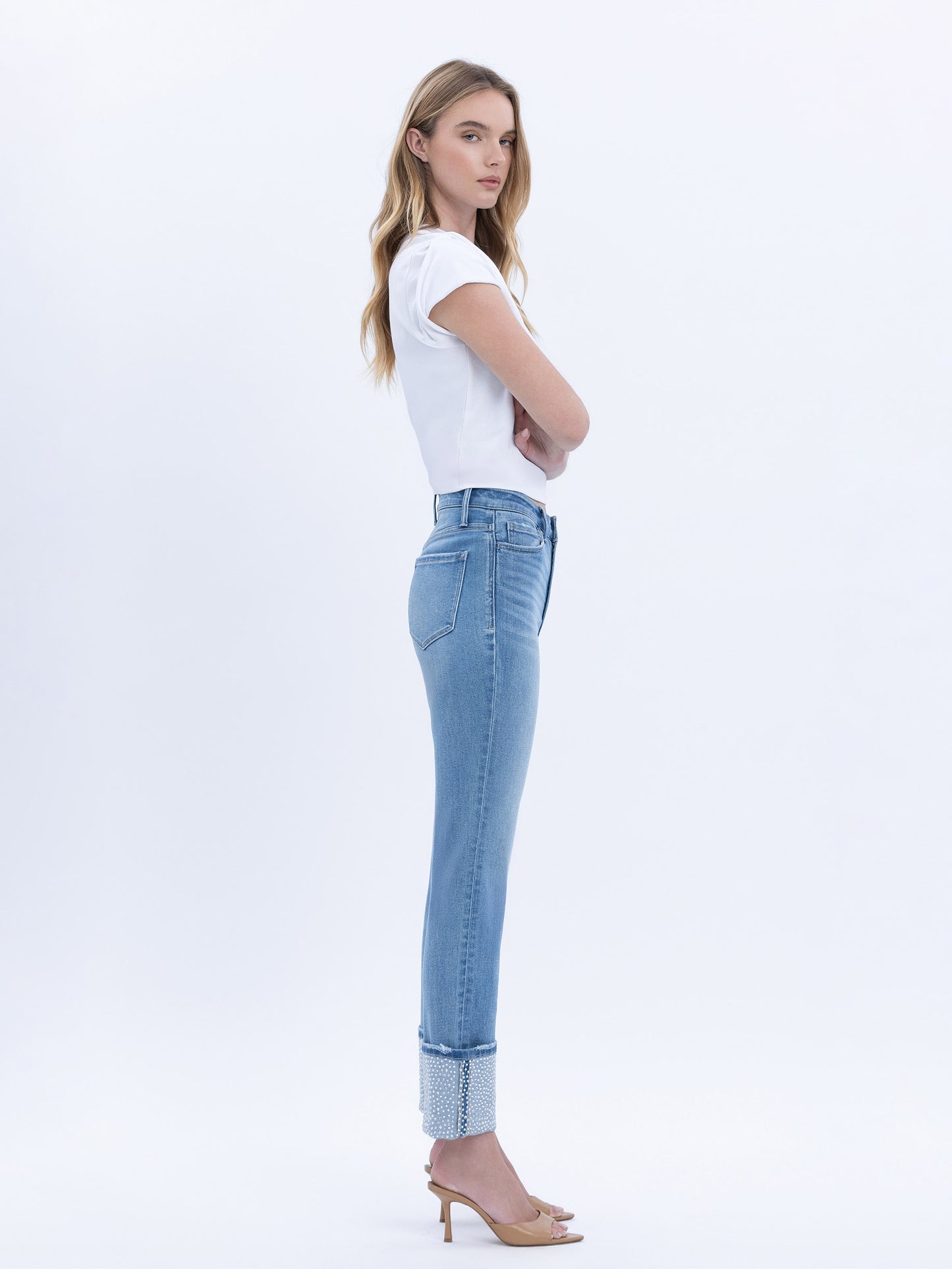 High Rise Rhinestone Cuffed Slim Straight Jeans