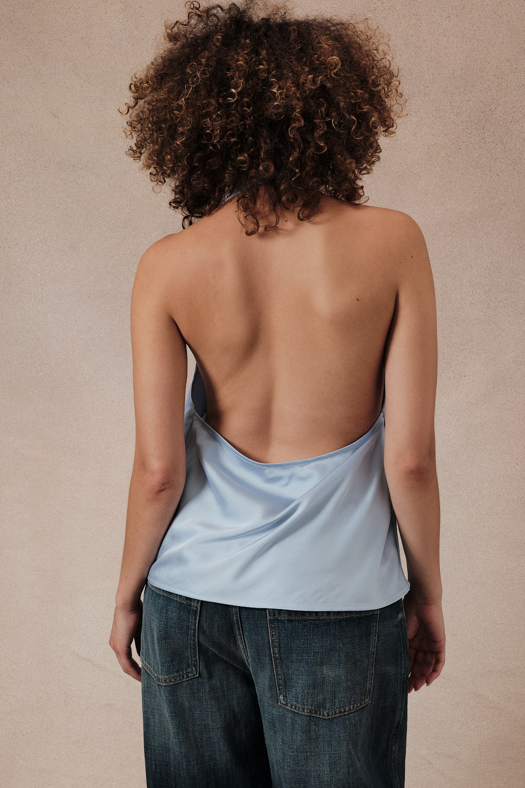 High Cowl Neck Halter Satin Top