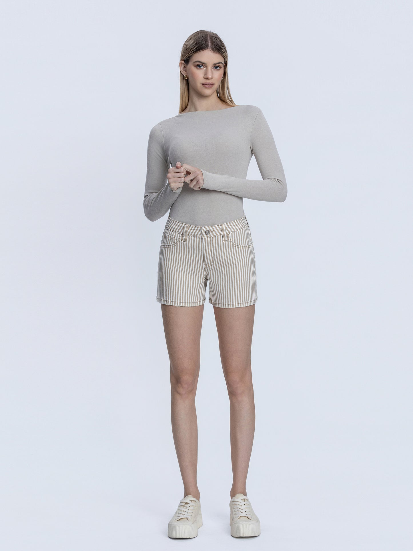 Mid Rise Tan Colored Stripe Mom Shorts