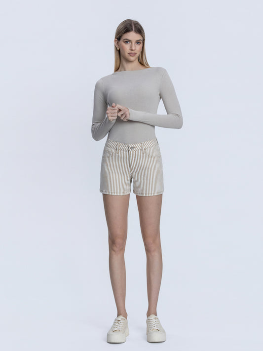 Mid Rise Tan Colored Stripe Mom Shorts