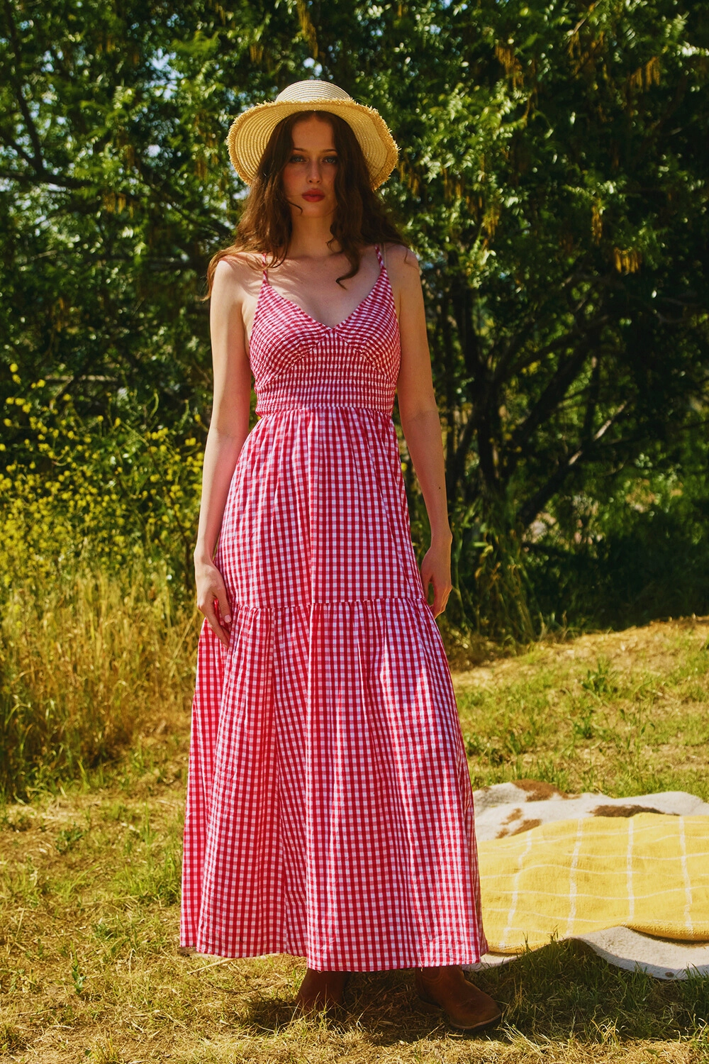All Over Check Print Smocked Maxi Dress