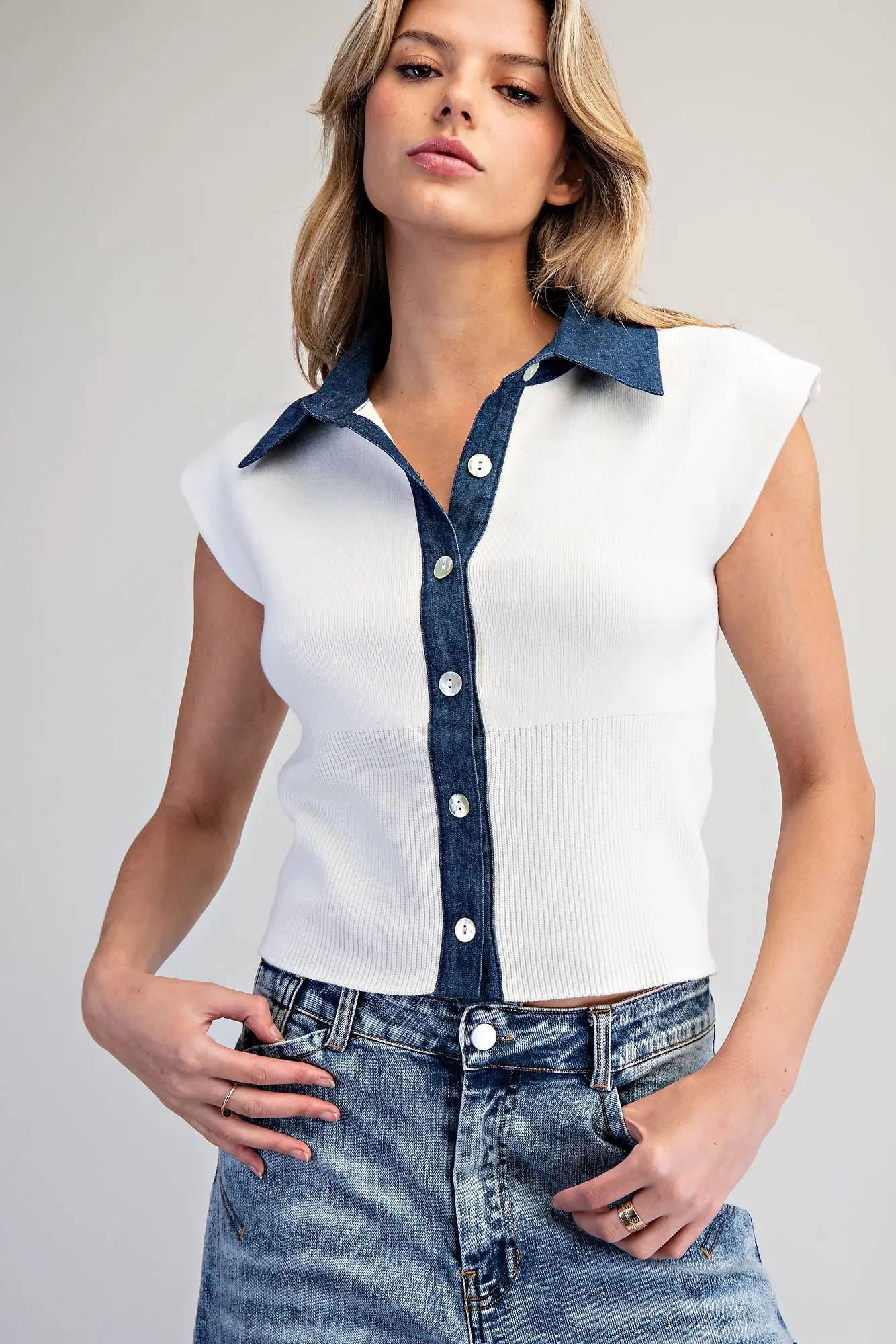 Denim Contrast Cap Sleeve Knit Top