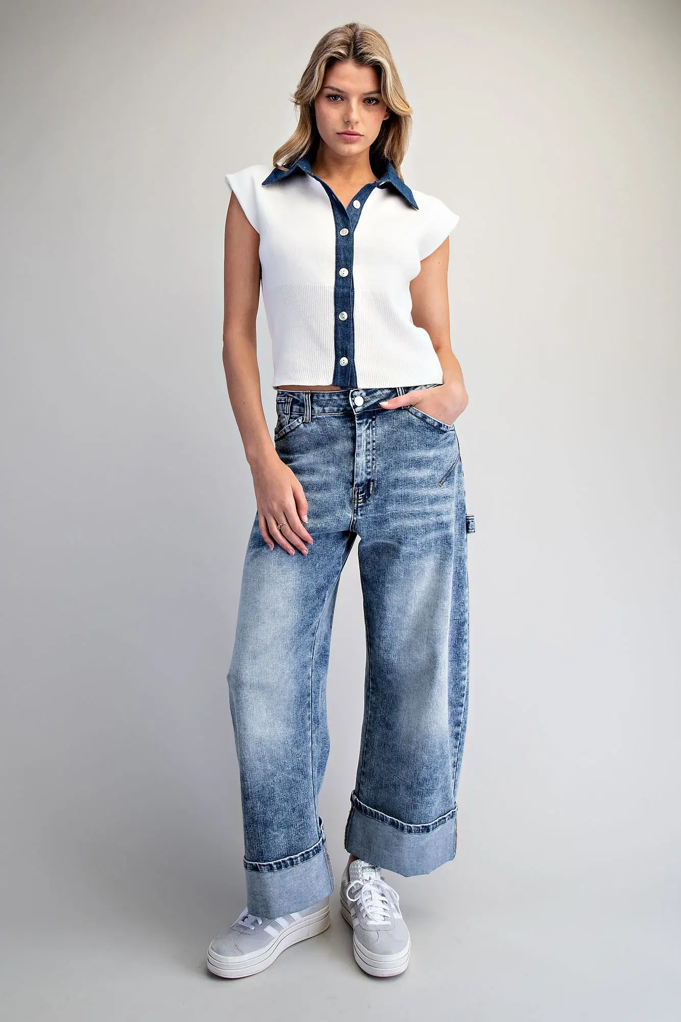 Denim Contrast Cap Sleeve Knit Top