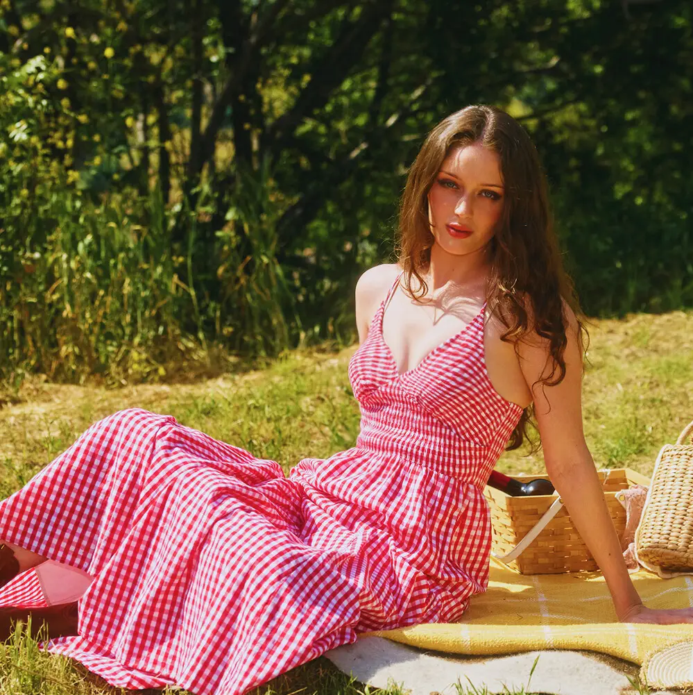 All Over Check Print Smocked Maxi Dress