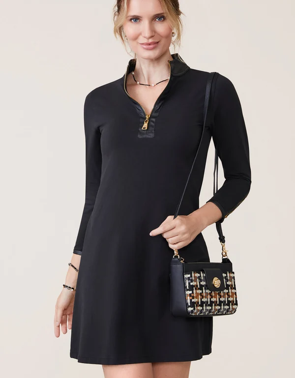 Nora Half-Zip Dress w/ Vegan Leather Black