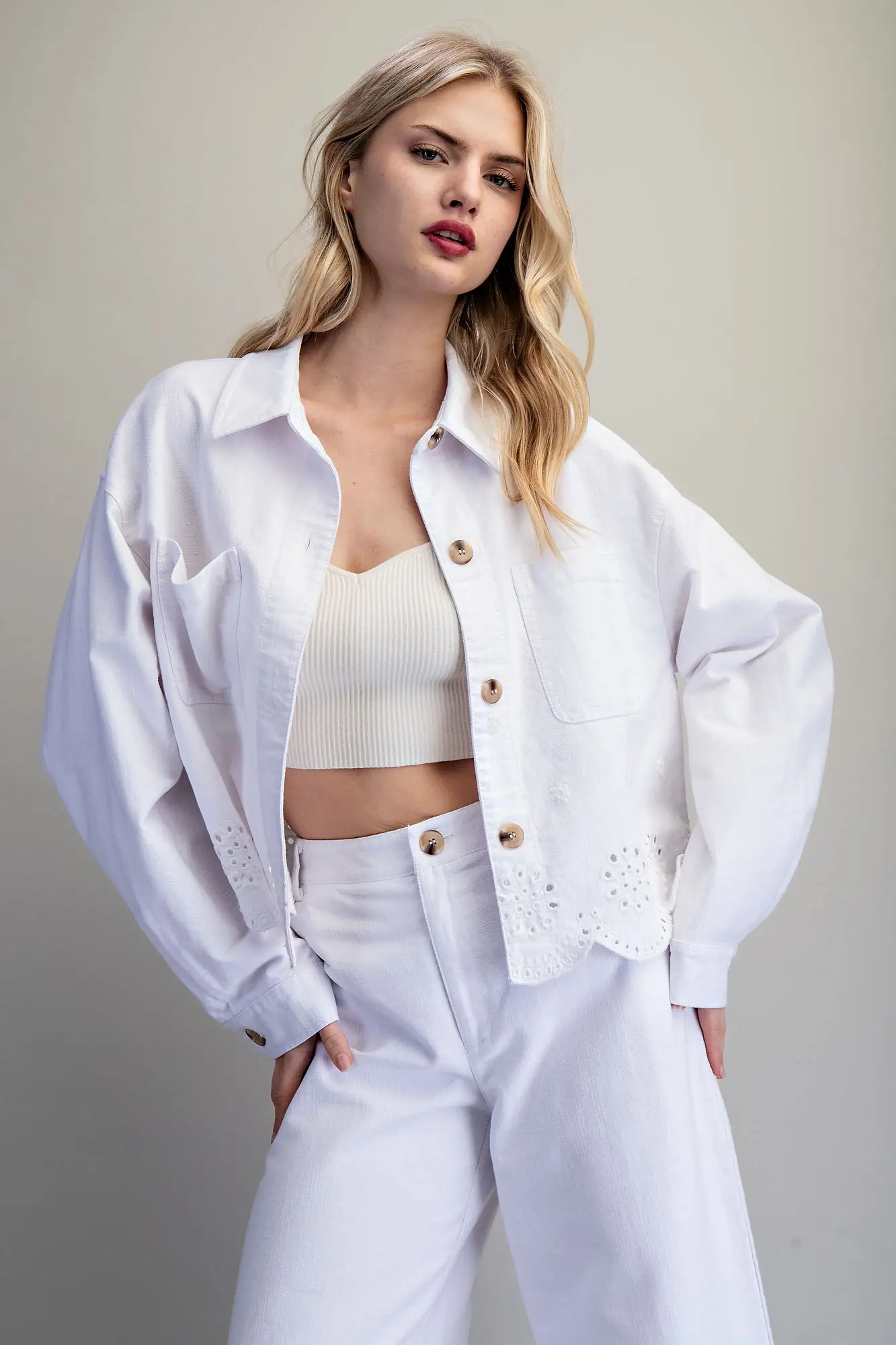 Button Down Eyelet Hem Jacket