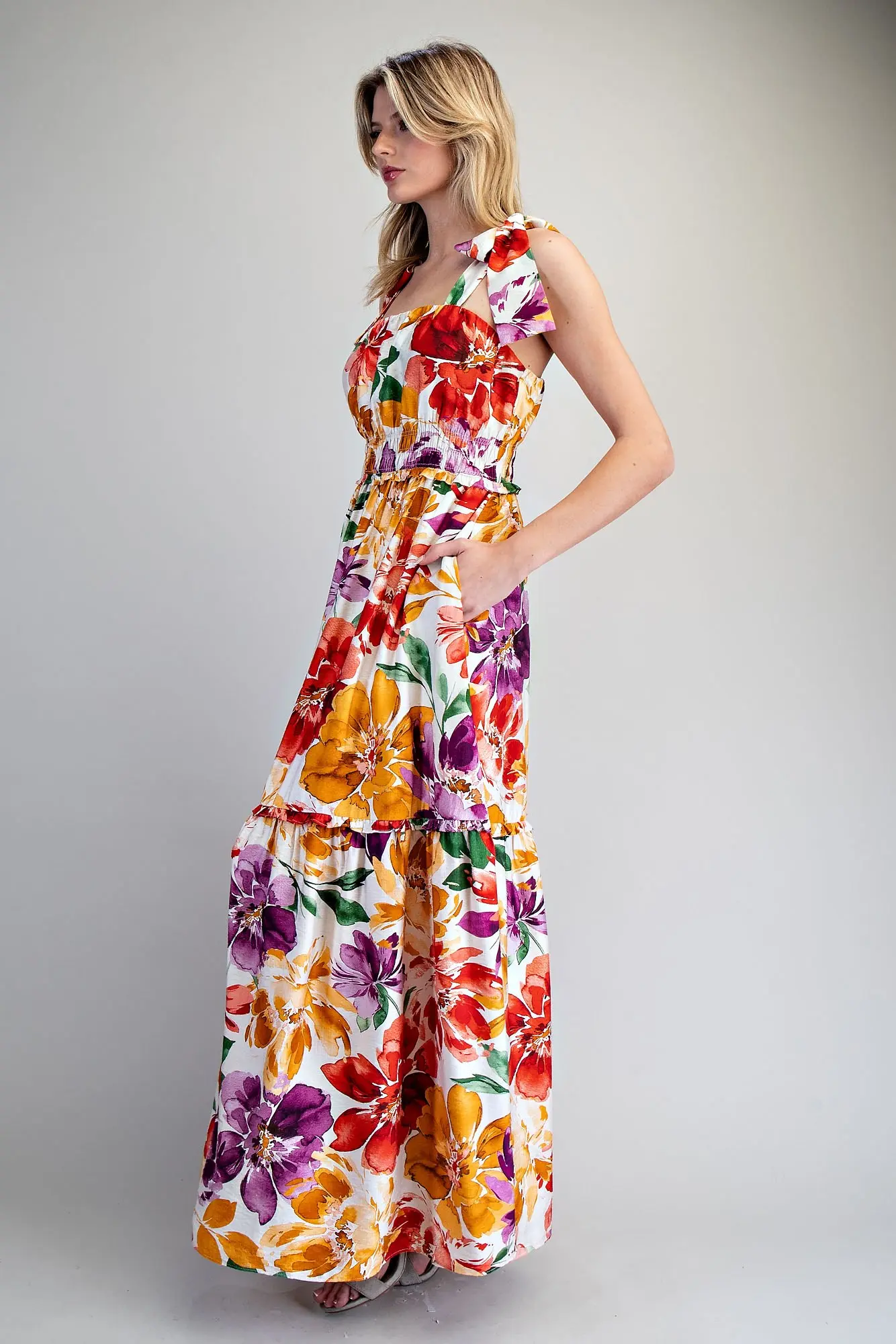 Floral Printed Tie Strap Maxi Dress