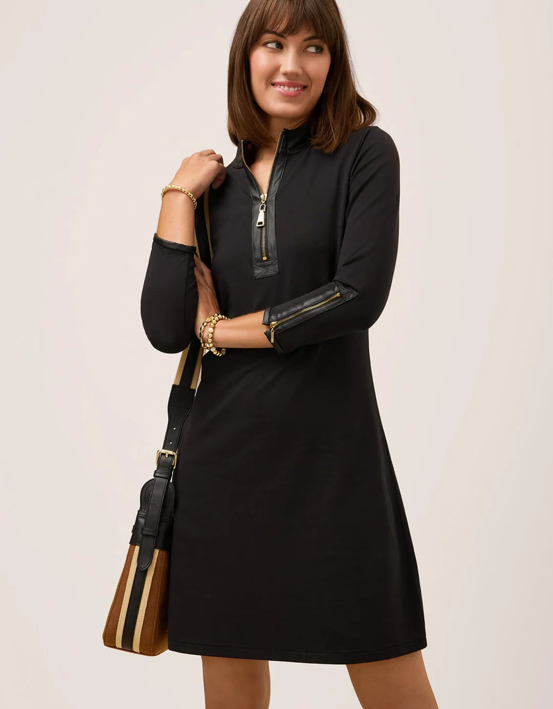 Nora Half-Zip Dress w/ Vegan Leather Black