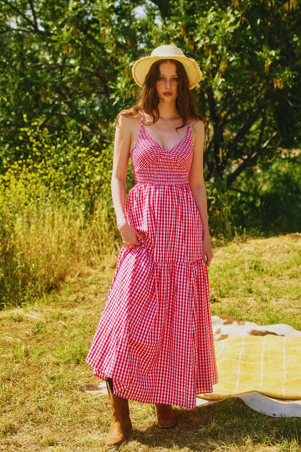 All Over Check Print Smocked Maxi Dress