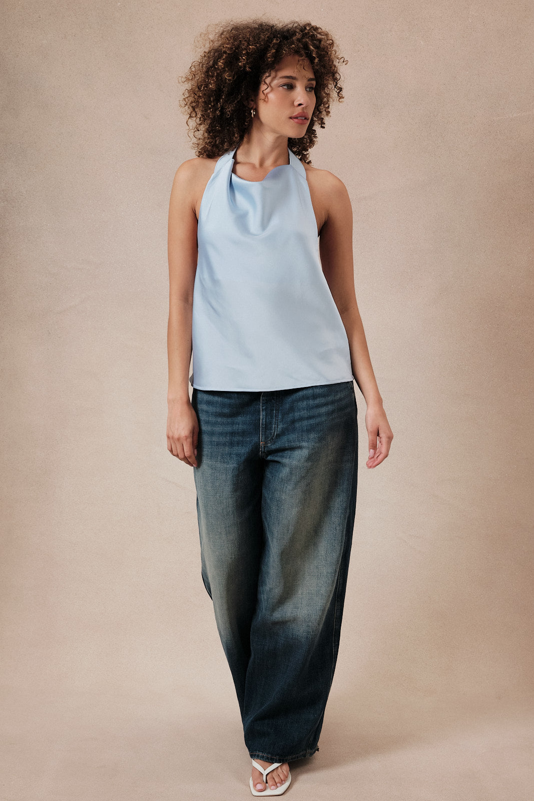 High Cowl Neck Halter Satin Top