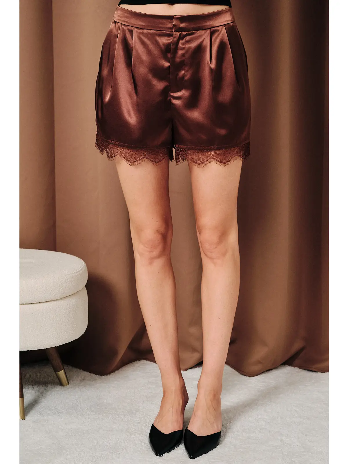 Lace Trim Shorts with Pleating Detail