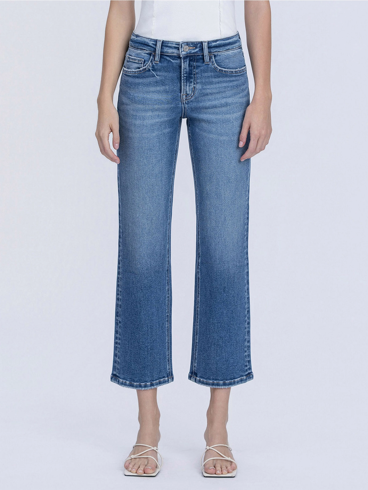 Mid Rise Medium Dark Wash Ankle Straight Jeans