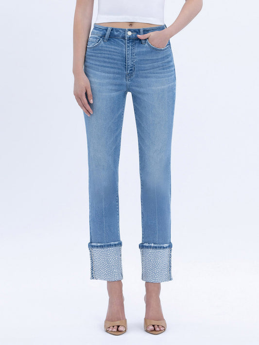 High Rise Rhinestone Cuffed Slim Straight Jeans