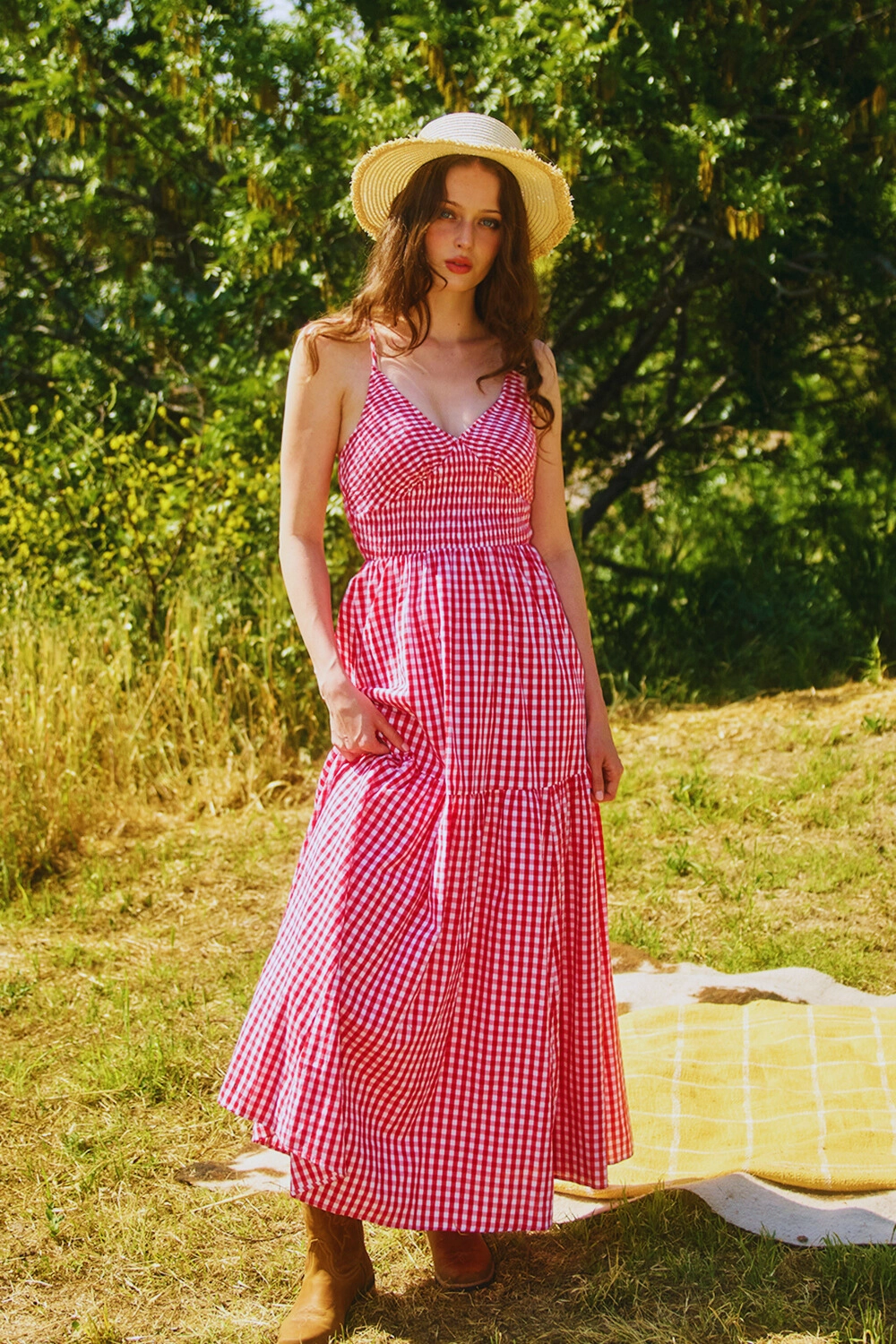 All Over Check Print Smocked Maxi Dress