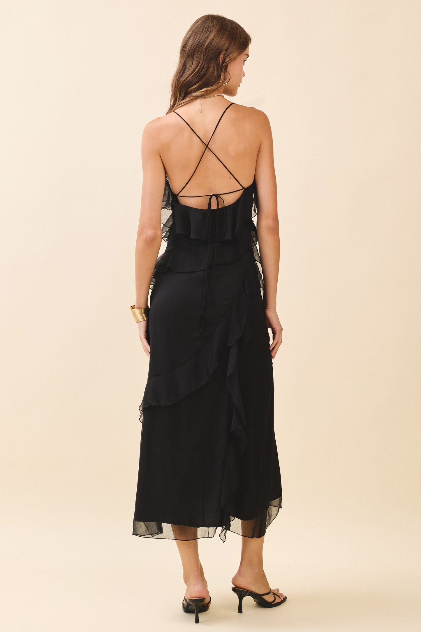 Cascading Layered Ruffle Detail V Neck Midi Dress