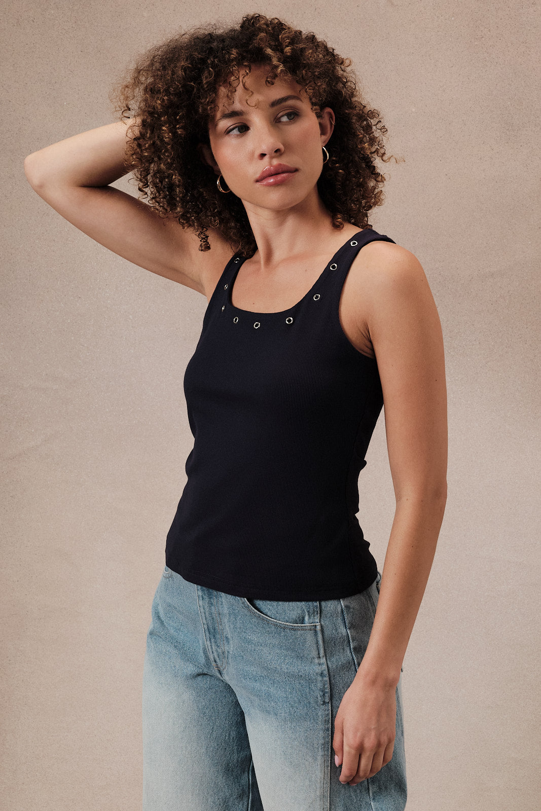 U- Neck Eyelet Detail Ribbed Tank Top