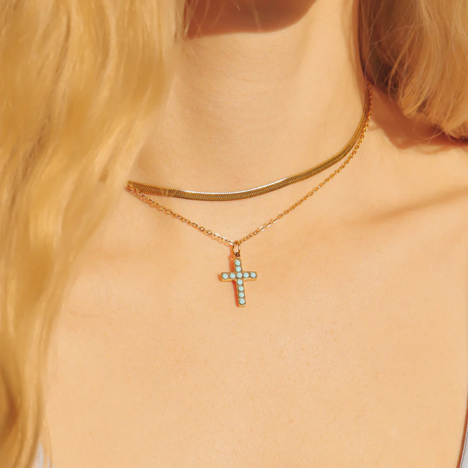 18K Gold PVD Stainless Steel Turquoise Stone Cross Charm