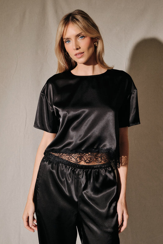 Satin Lace Trim Cropped Top