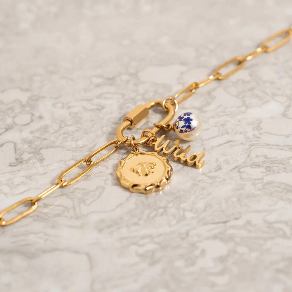 18K Gold PVD Stainless Steel Floral Printed Pearl