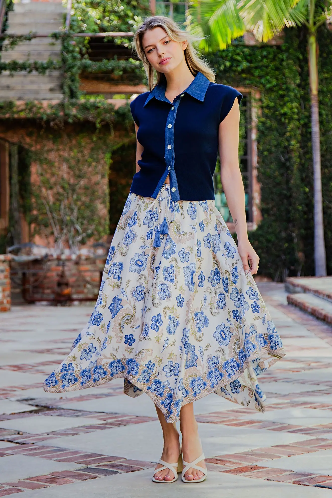 Denim Contrast Cap Sleeve Knit Top