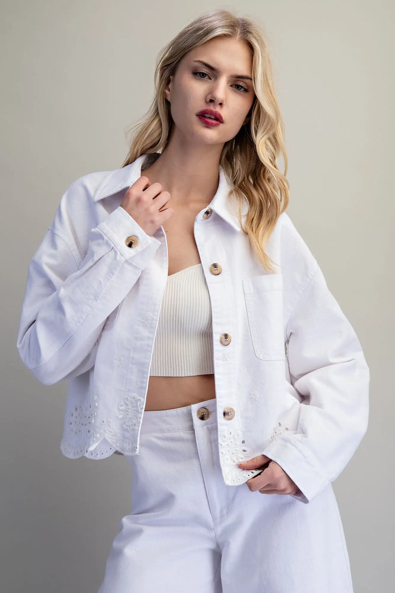 Button Down Eyelet Hem Jacket