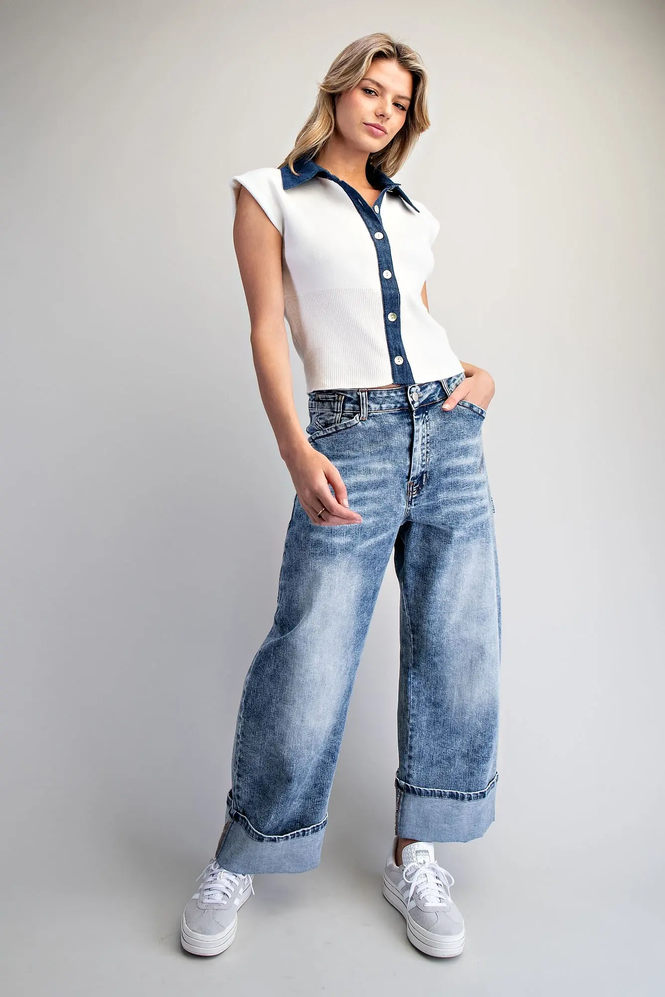 Denim Contrast Cap Sleeve Knit Top