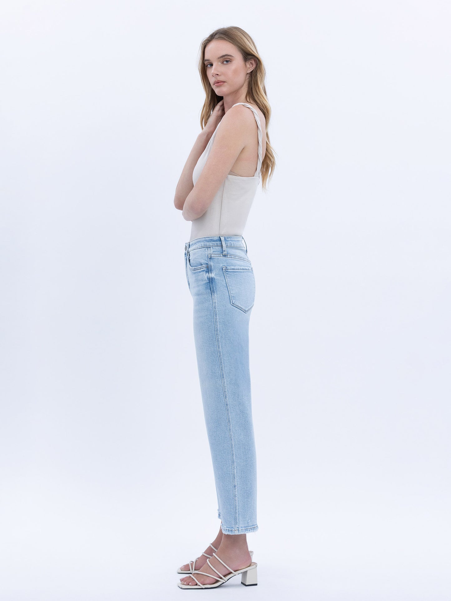 High Rise Light Wash Crop Slim Wide Leg Jeans