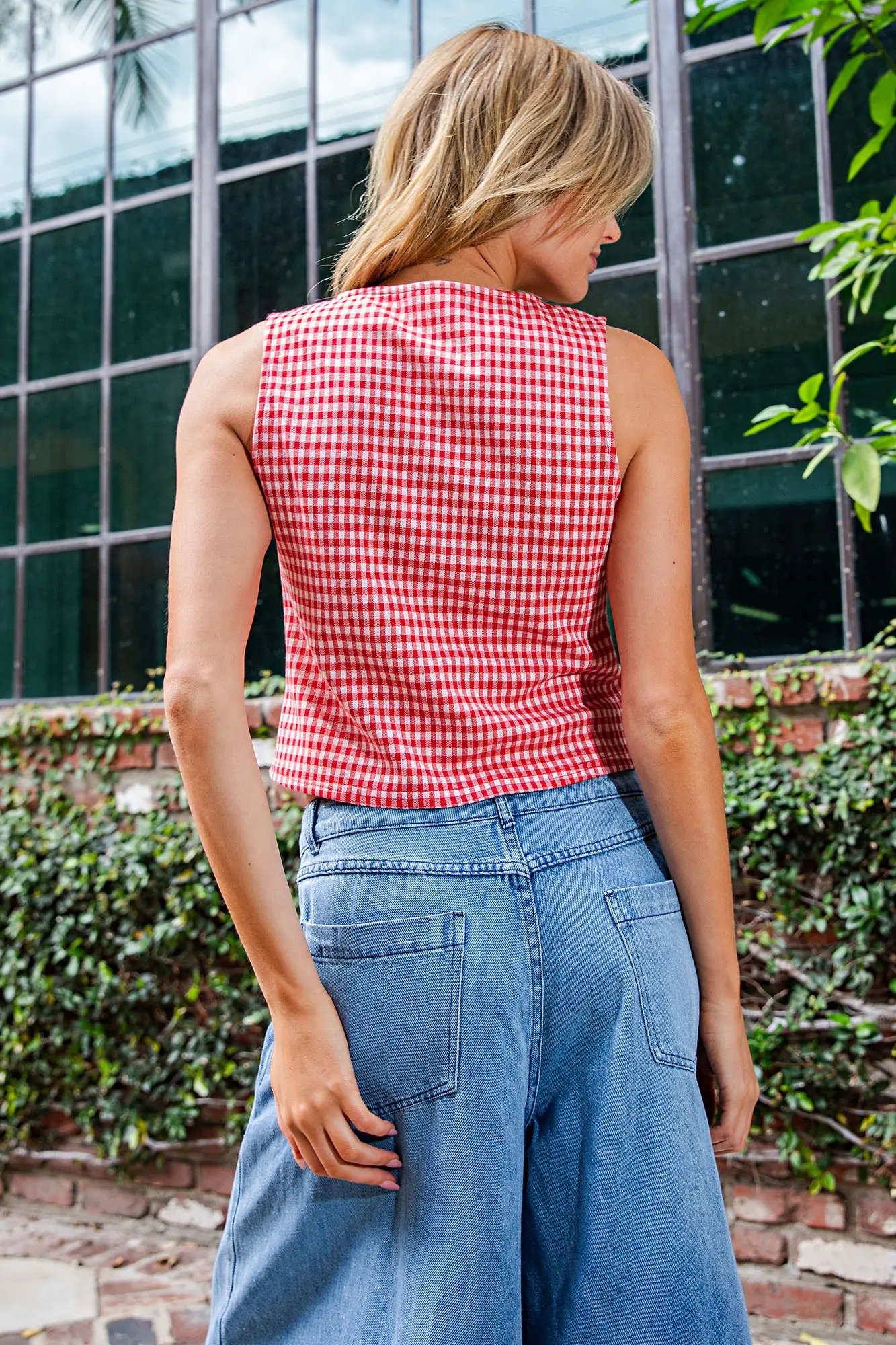 Button Down Gingham Sleeveless Top