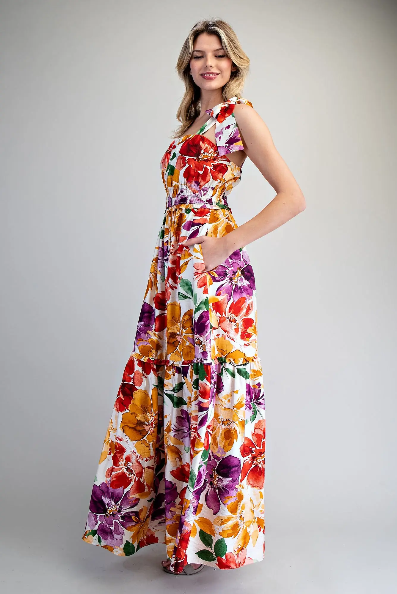 Floral Printed Tie Strap Maxi Dress