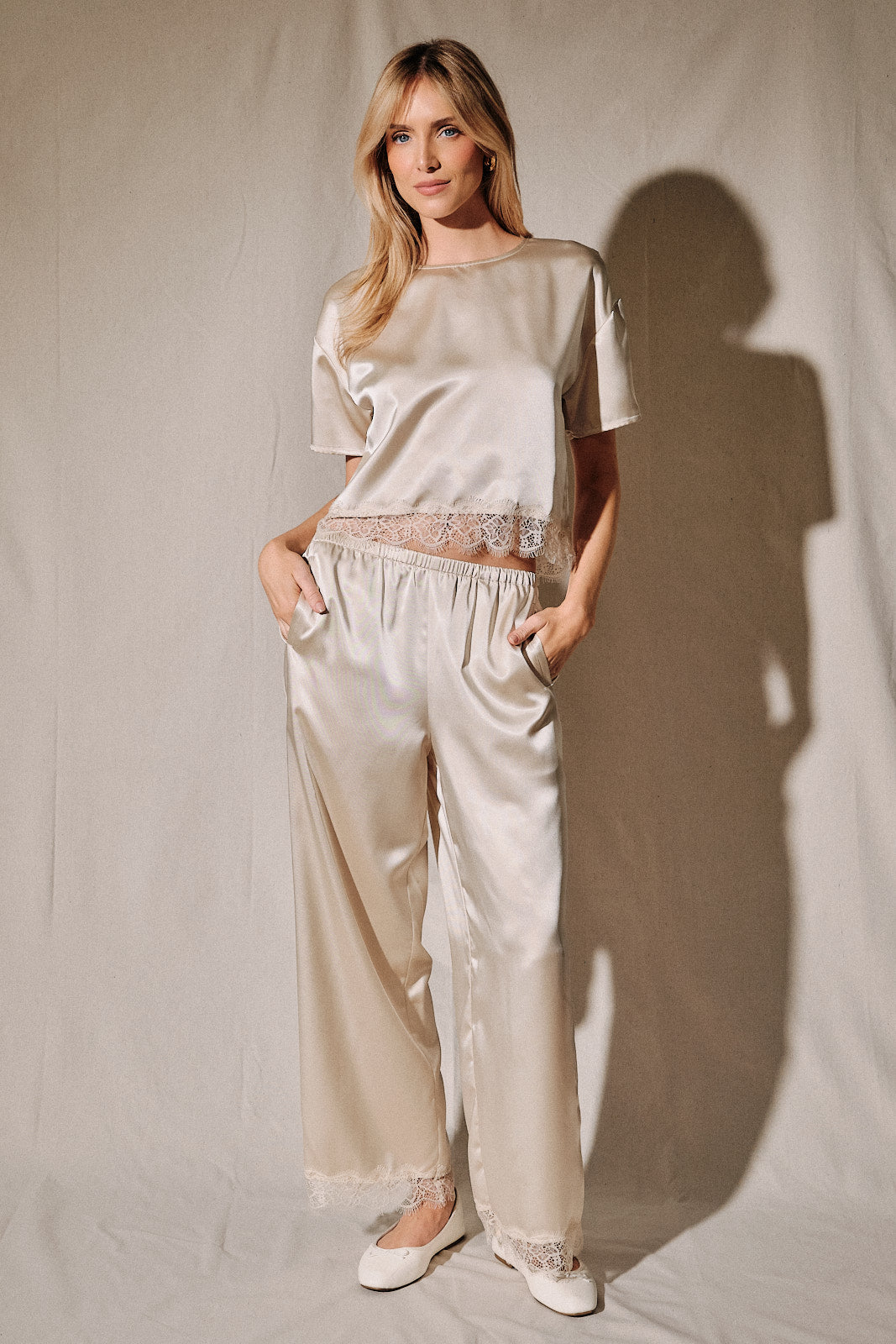 Satin Lace Trim Cropped Top