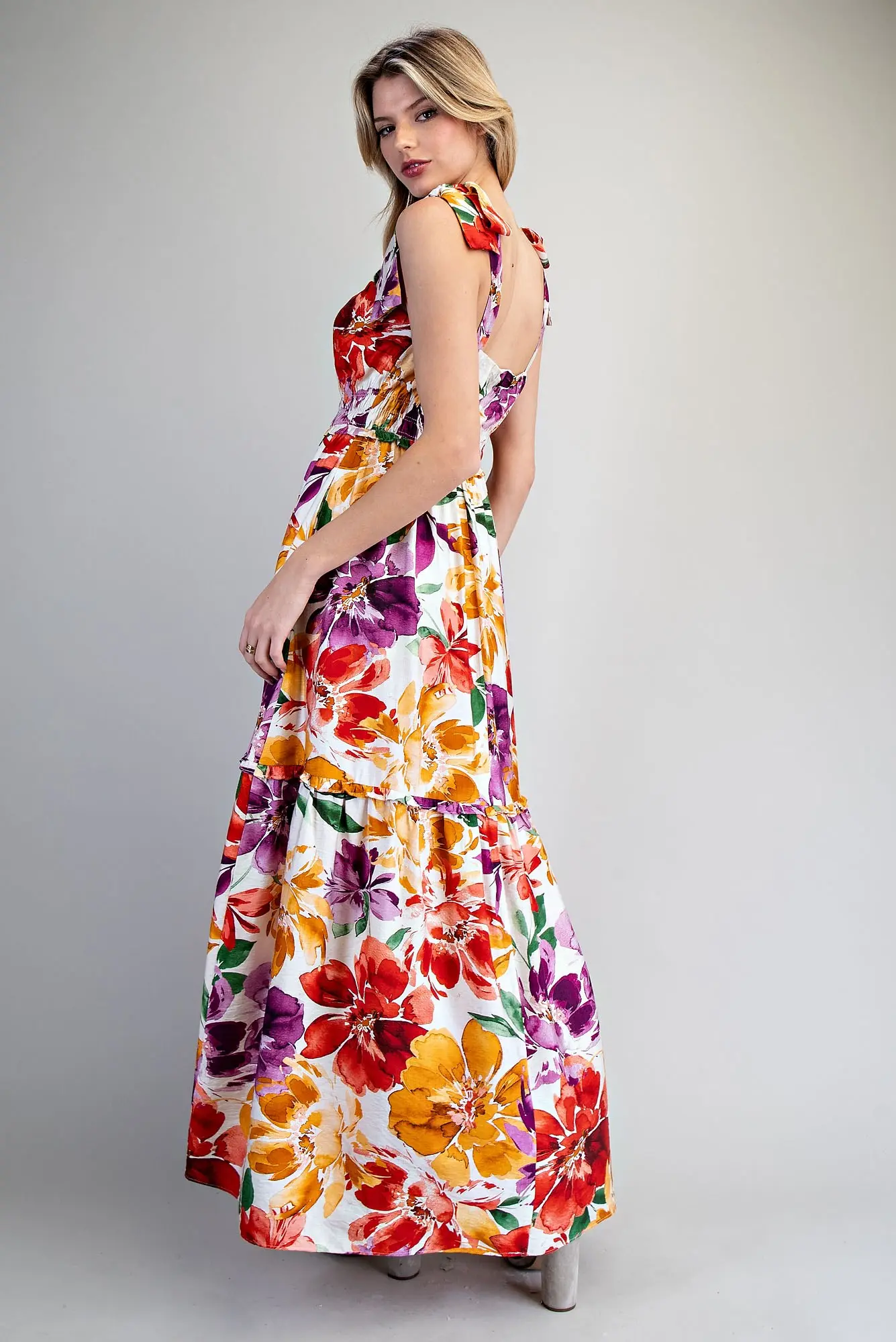 Floral Printed Tie Strap Maxi Dress