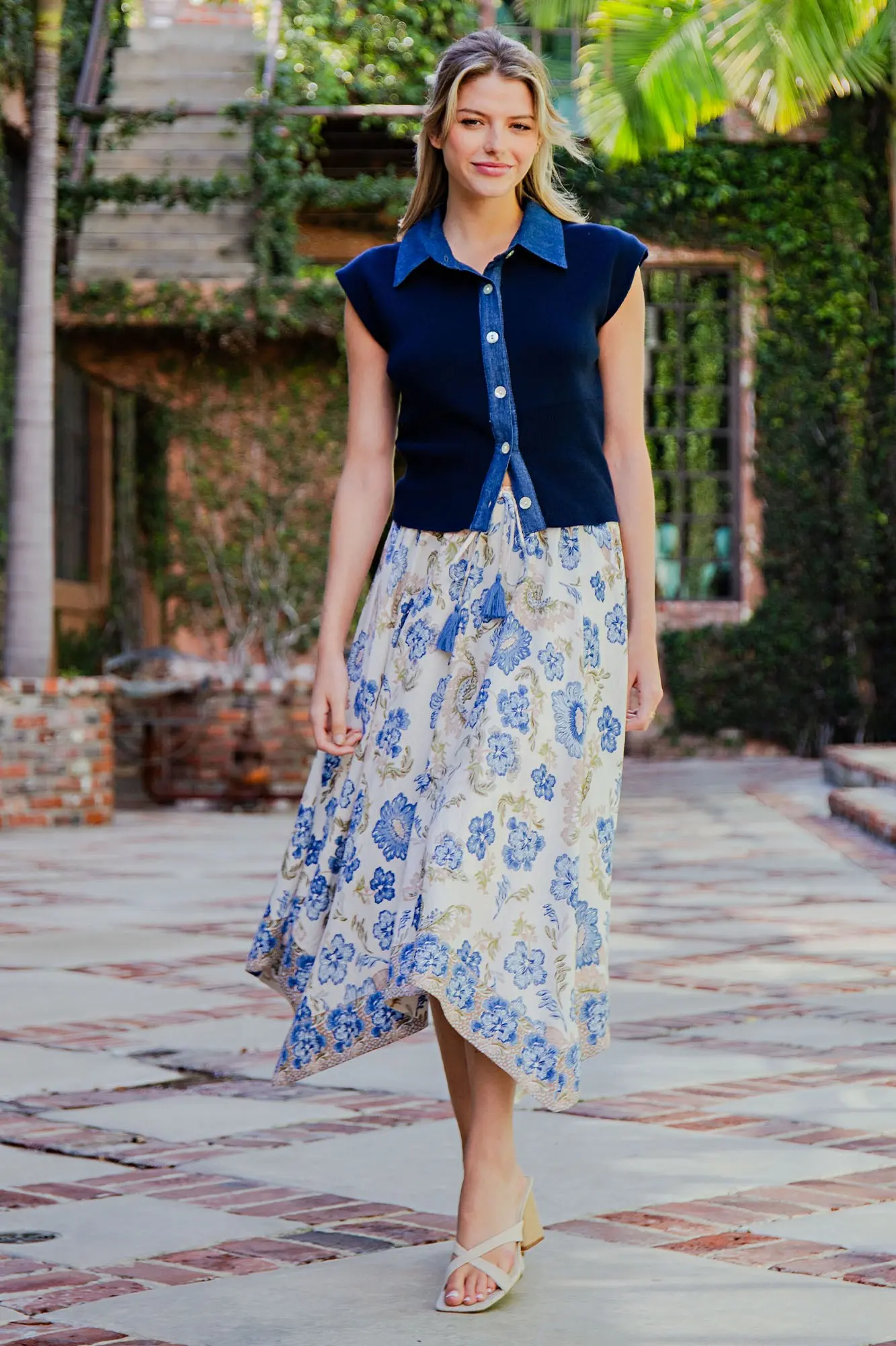 Denim Contrast Cap Sleeve Knit Top