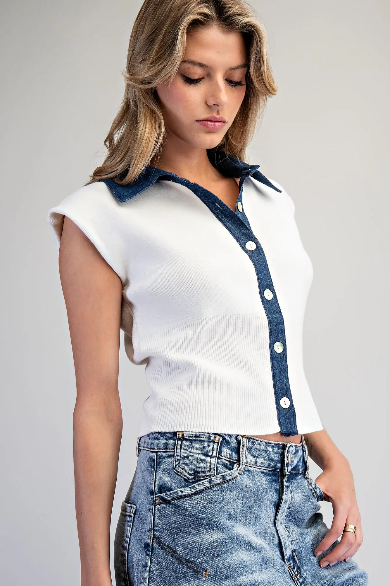 Denim Contrast Cap Sleeve Knit Top