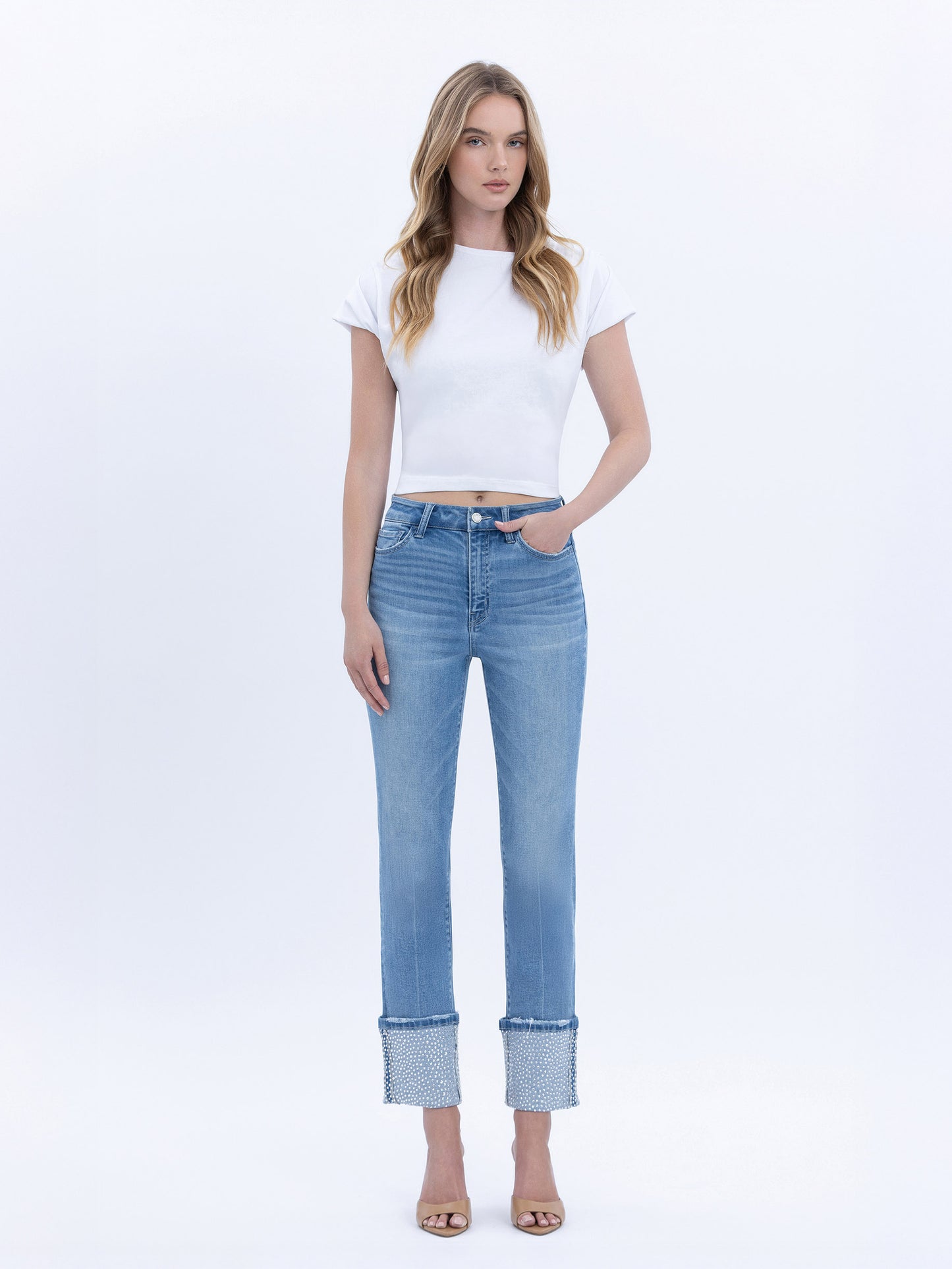 High Rise Rhinestone Cuffed Slim Straight Jeans