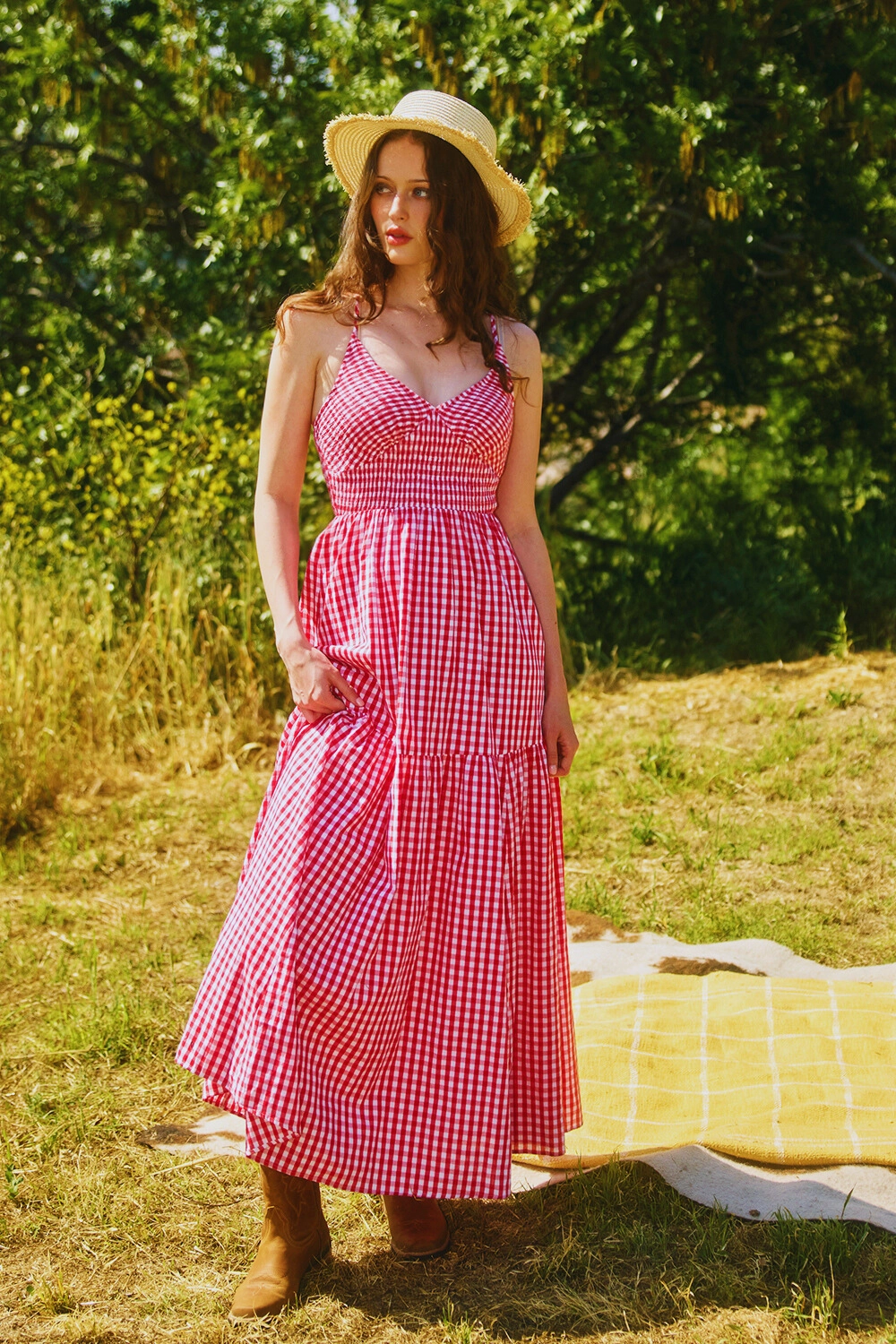 All Over Check Print Smocked Maxi Dress