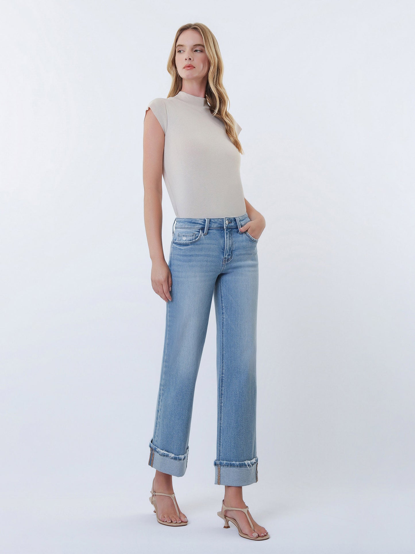 Mid Rise Medium Light Cuffed Slim Wide Jeans