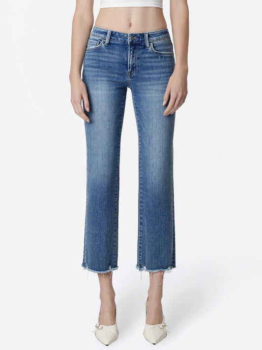 Mid Rise Distressed Hem Crop Straight Jeans