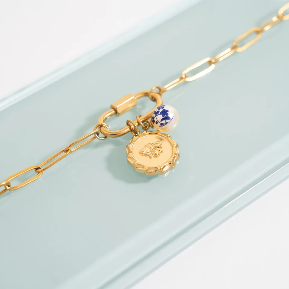 18K Gold PVD Stainless Steel Floral Printed Pearl
