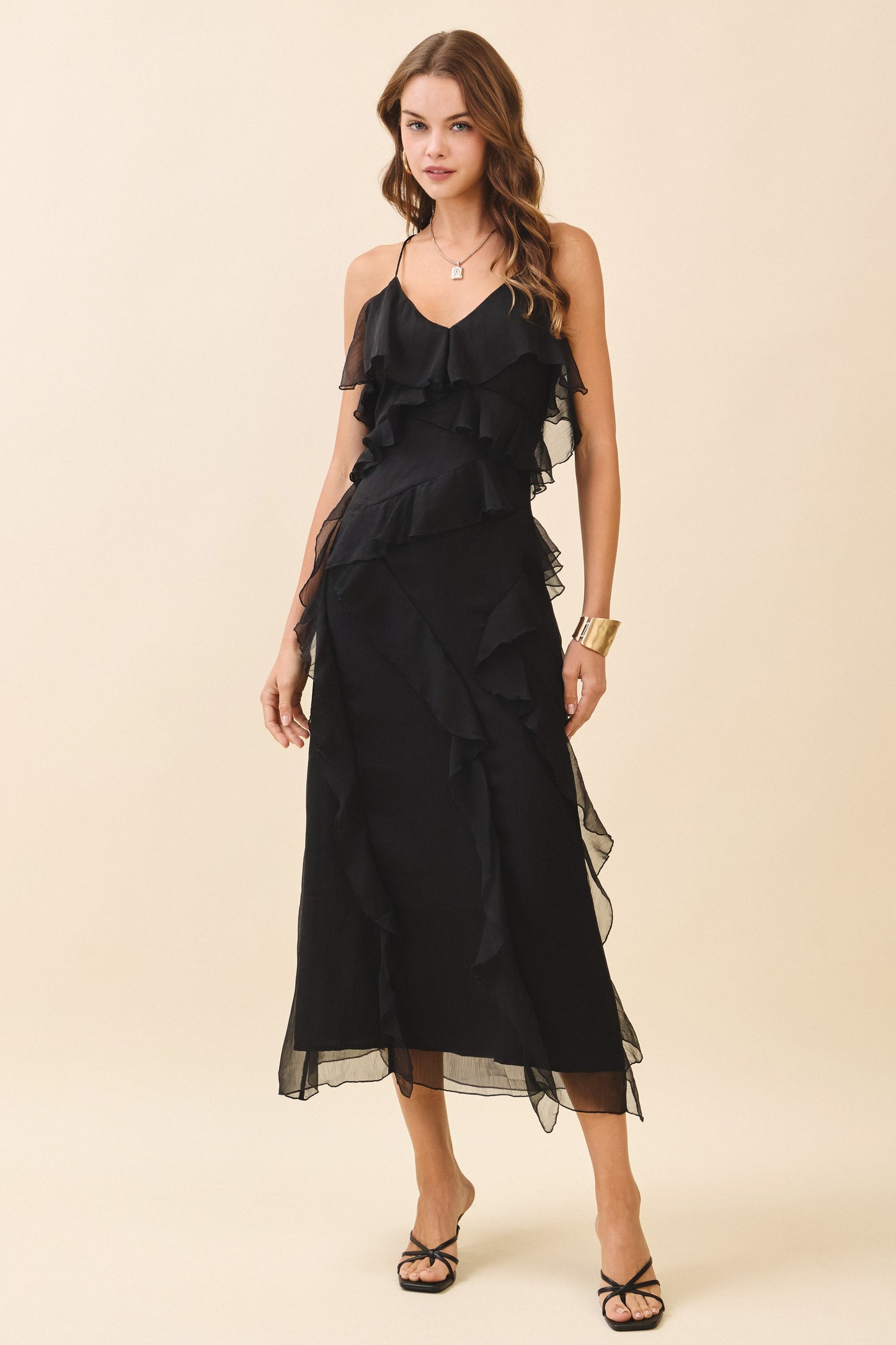 Cascading Layered Ruffle Detail V Neck Midi Dress