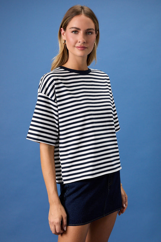 Striped Boxy Oversized Tee Cutout Open Tie Back