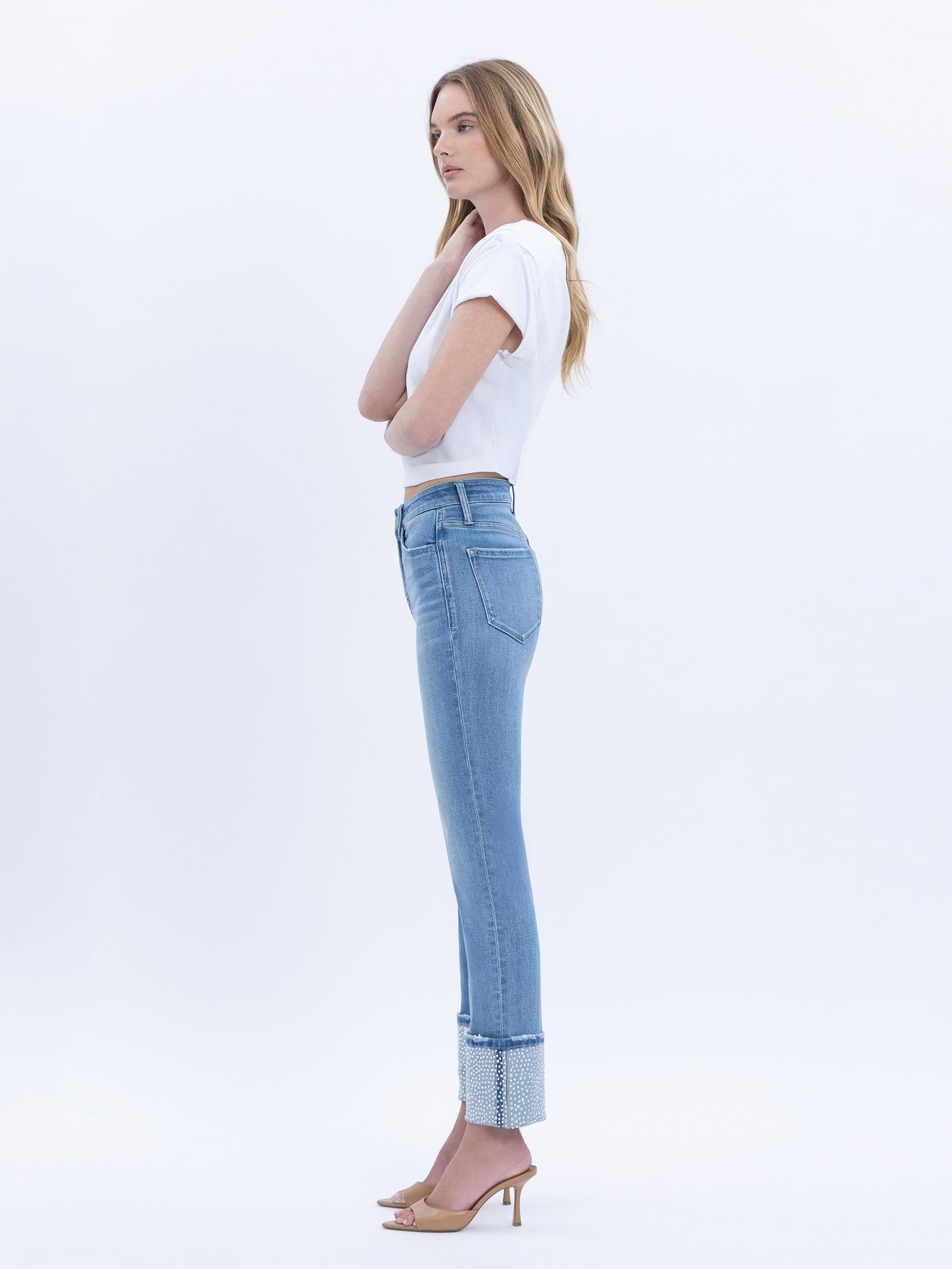 High Rise Rhinestone Cuffed Slim Straight Jeans