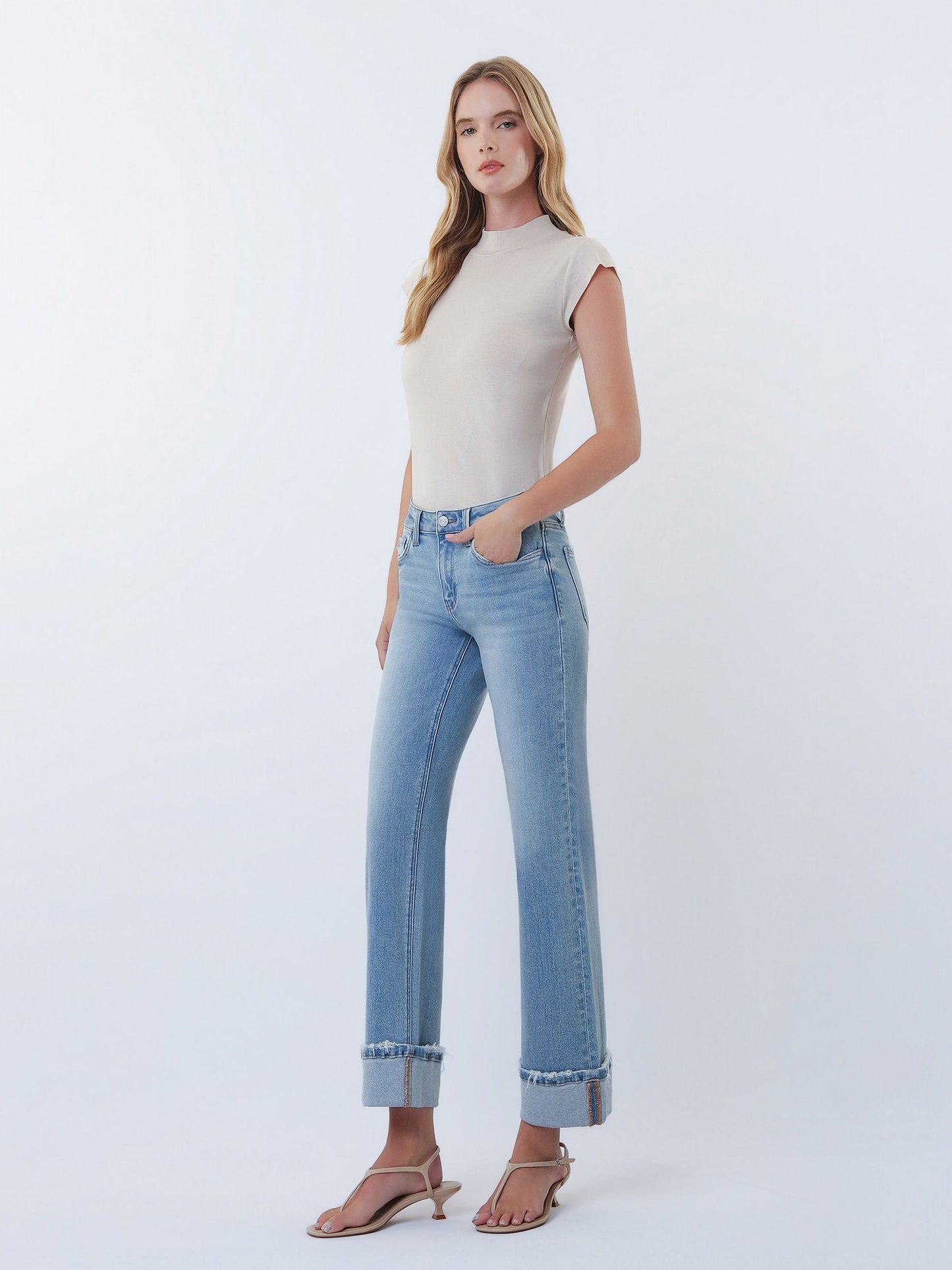Mid Rise Medium Light Cuffed Slim Wide Jeans