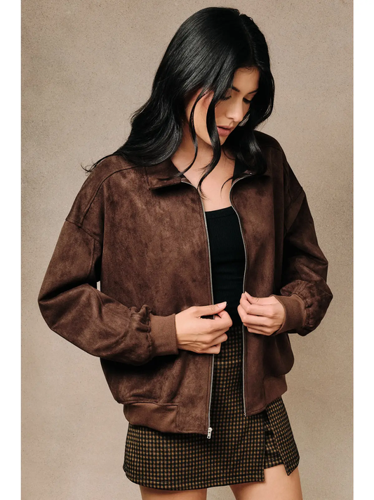 Faux Suede Zip Front Bomber Jacket