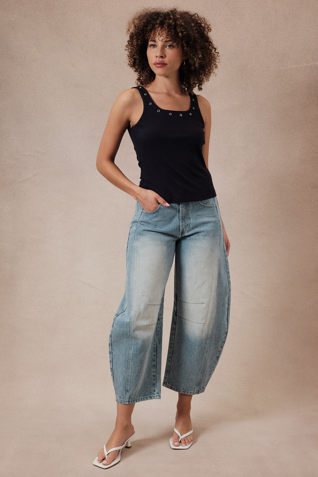 U- Neck Eyelet Detail Ribbed Tank Top